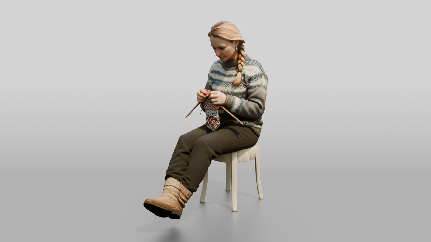 Norwegian Woman Knitting on a Snowy Bench