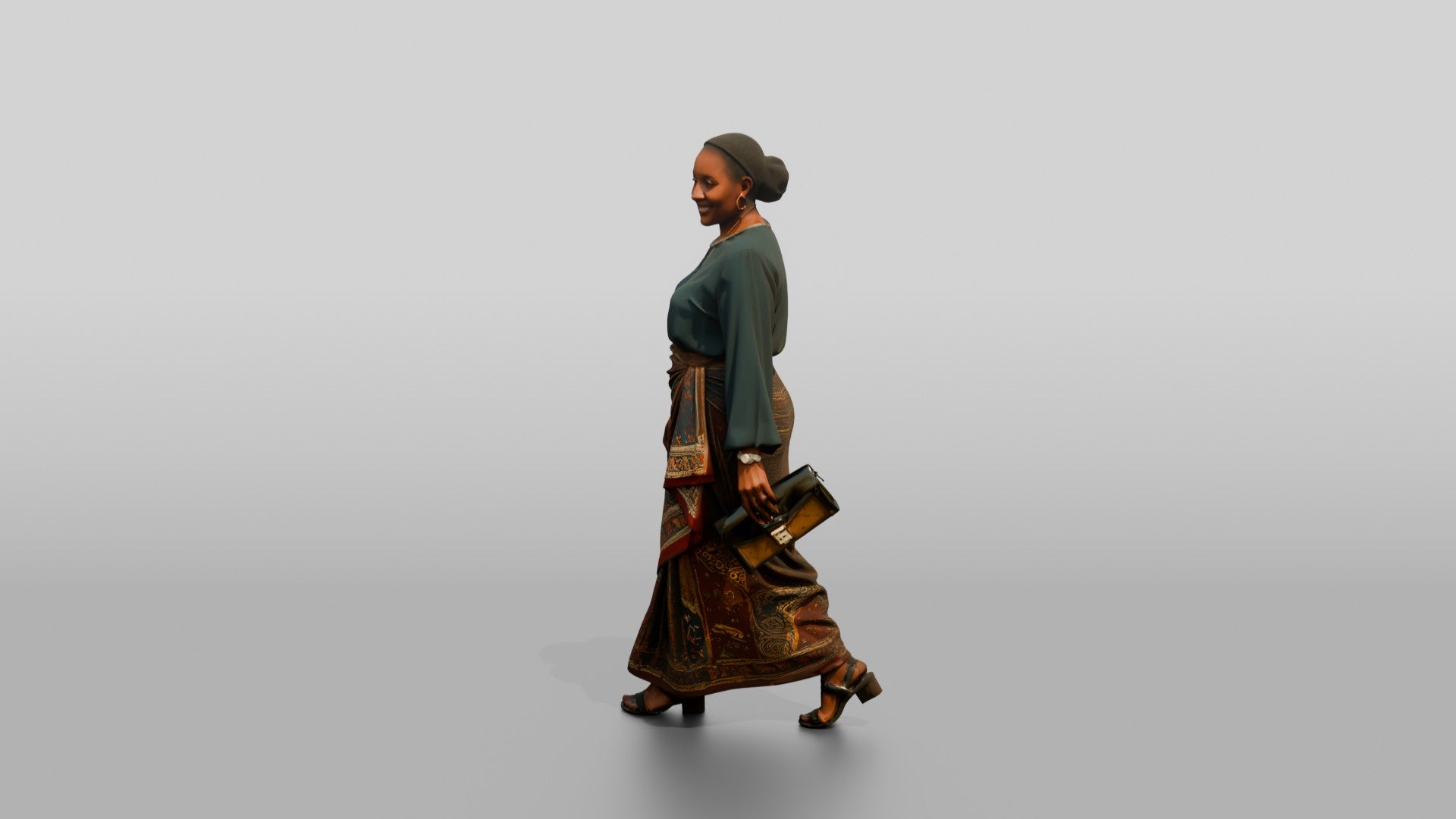 Curvy African Woman in a Printed Wrap Dress Carrying a Briefcase