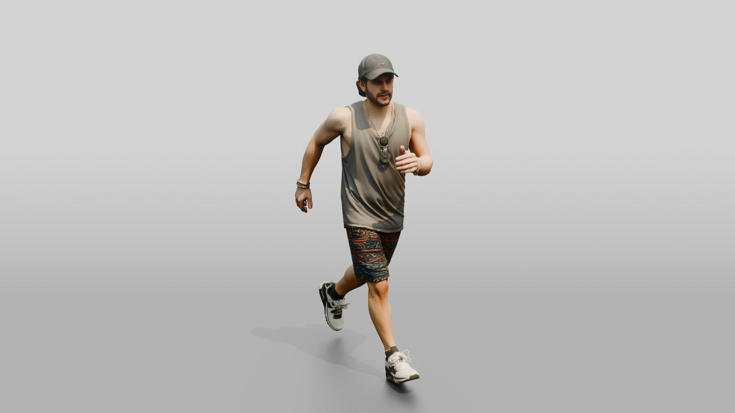 Latino Man Striding Powerfully Down the Boardwalk