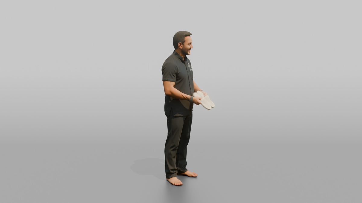 Spa Attendant Man Holding A Pair Of Spa Slippers - 3D character model, view 2
