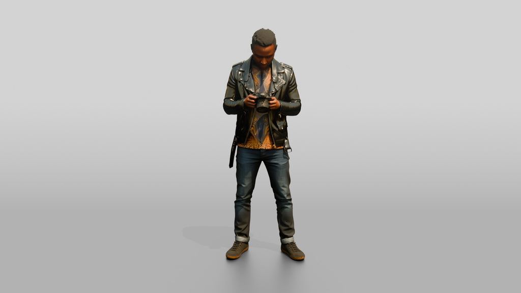 African Man in a Leather Jacket Checking a Camera