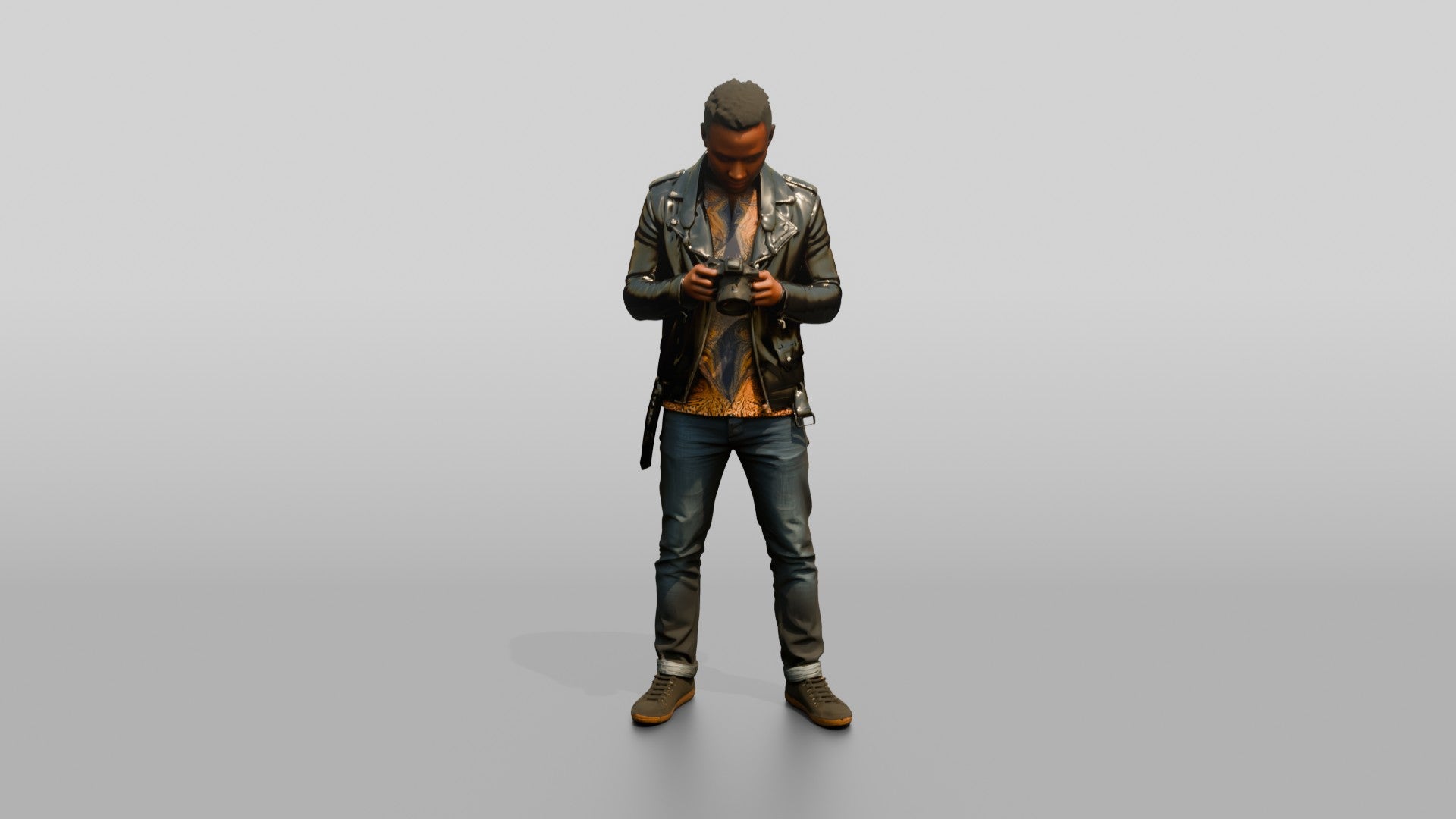African Man in a Leather Jacket Checking a Camera