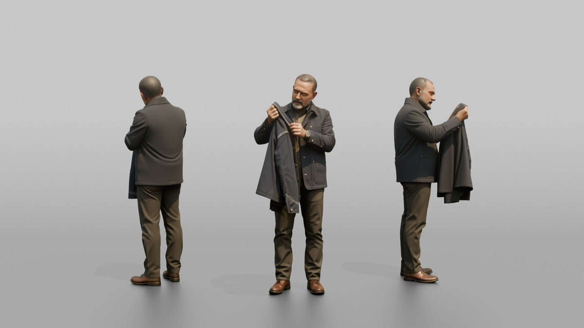 Man Customer Inspecting The Stitching On A Jacket Sleeve - 3D character model, view 1