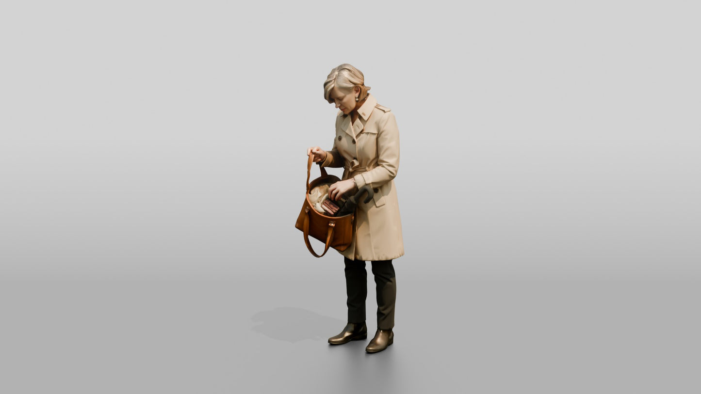 White Woman Checking Her Bag for an Umbrella