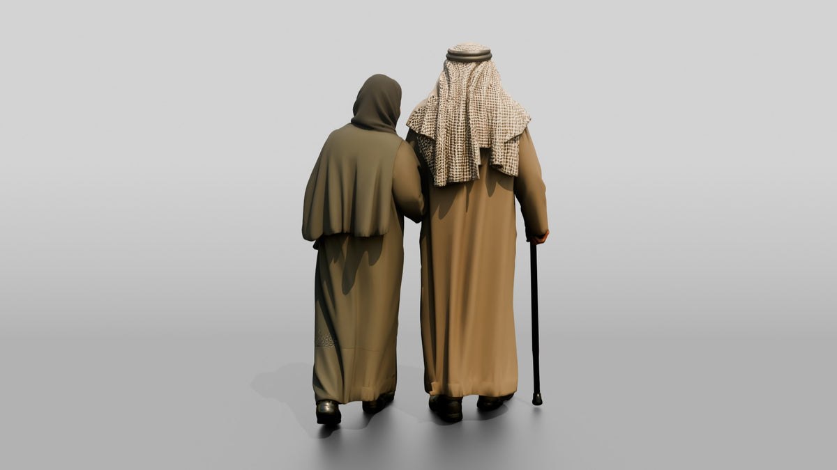 Middle Eastern Elderly Couple Walking - 3D character model, view 3