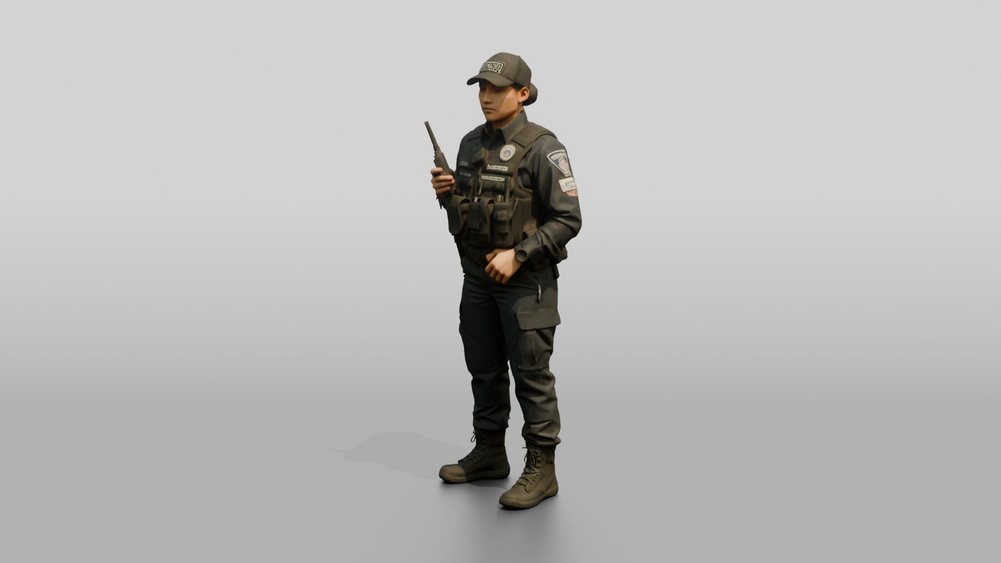 Latina Female Guard in a Dark Blue Tactical Guard Uniform