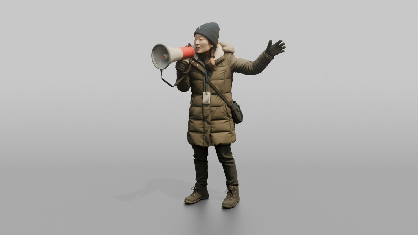 Protester Woman Shouting Through a Megaphone with Arms Raised