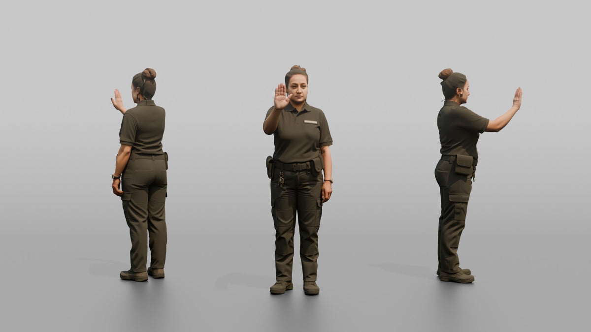 Door Staff Woman Holding A Hand Up In A Stop Gesture - 3D character model, view 1