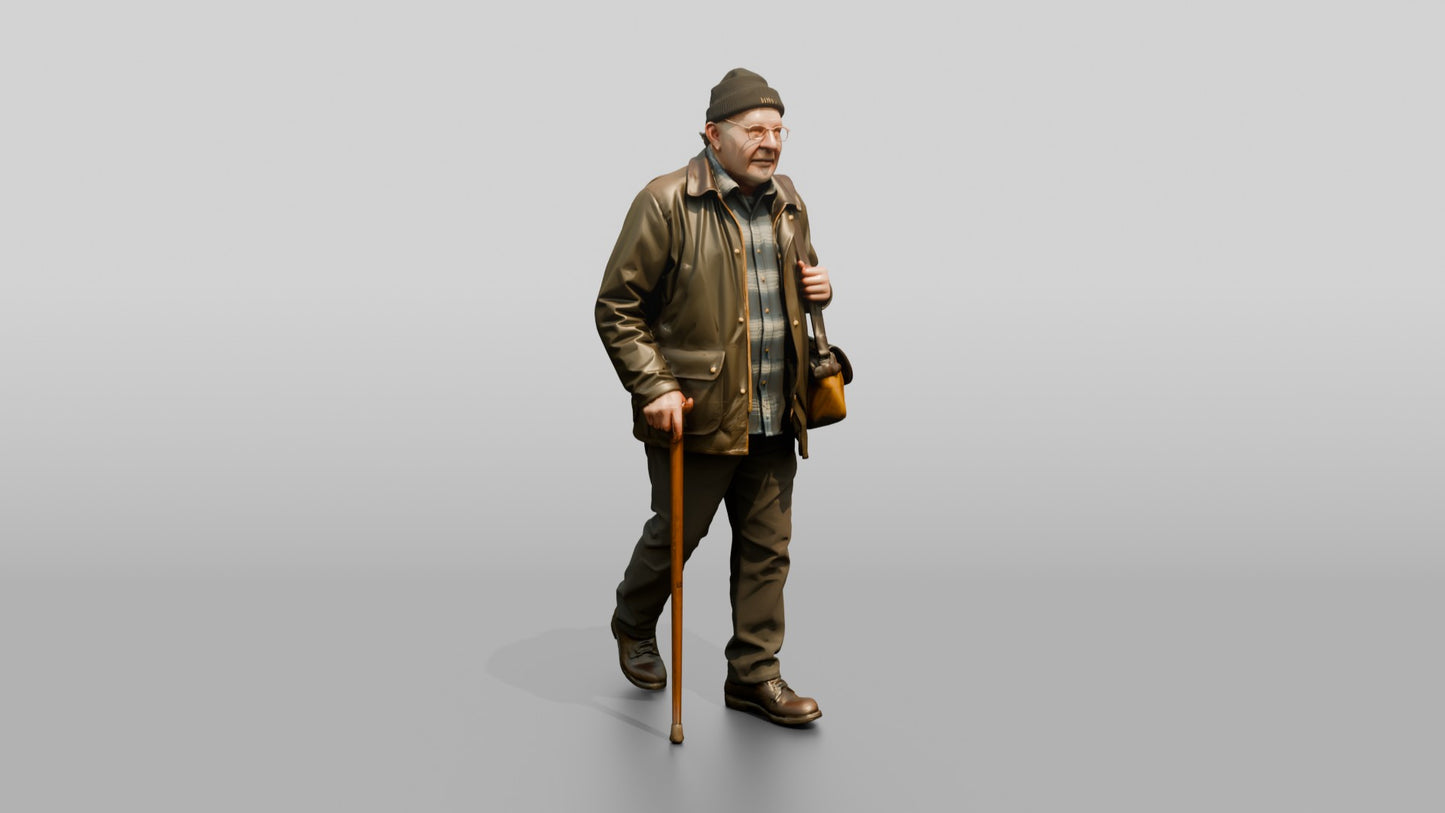 Elderly White Man in Waxed Jacket with Cane