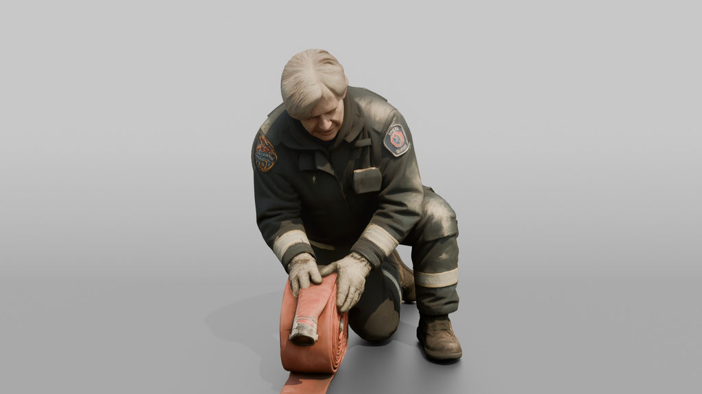 Firefighter Woman Rolling Up a Flat Fire Hose on the Ground