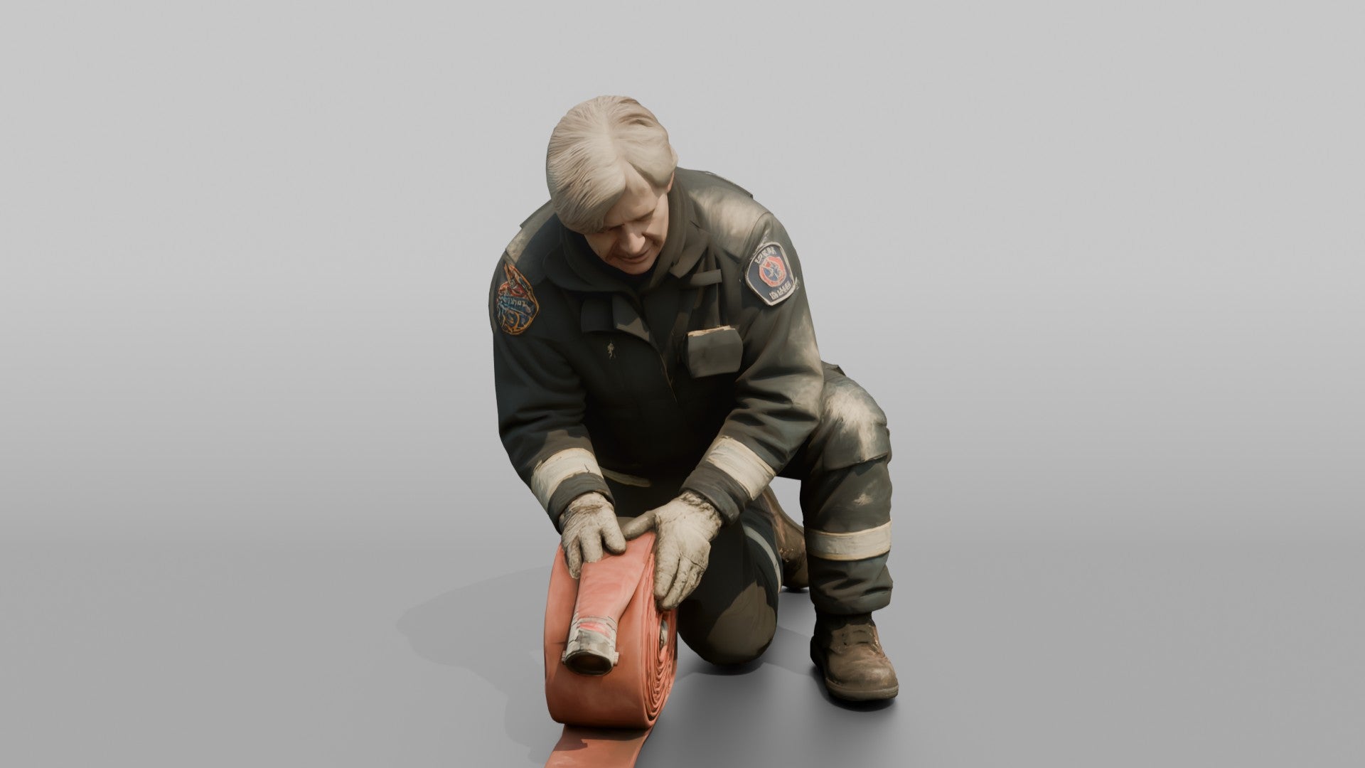 Firefighter Woman Rolling Up a Flat Fire Hose on the Ground