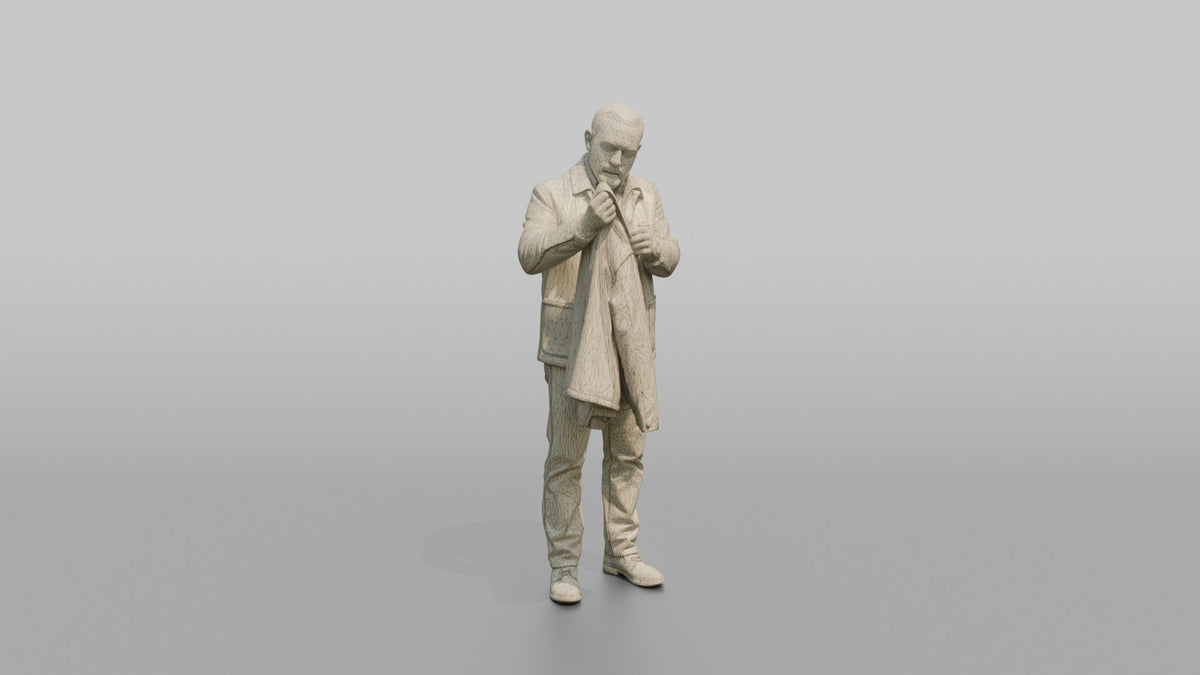 Man Customer Inspecting The Stitching On A Jacket Sleeve - wireframe topology preview