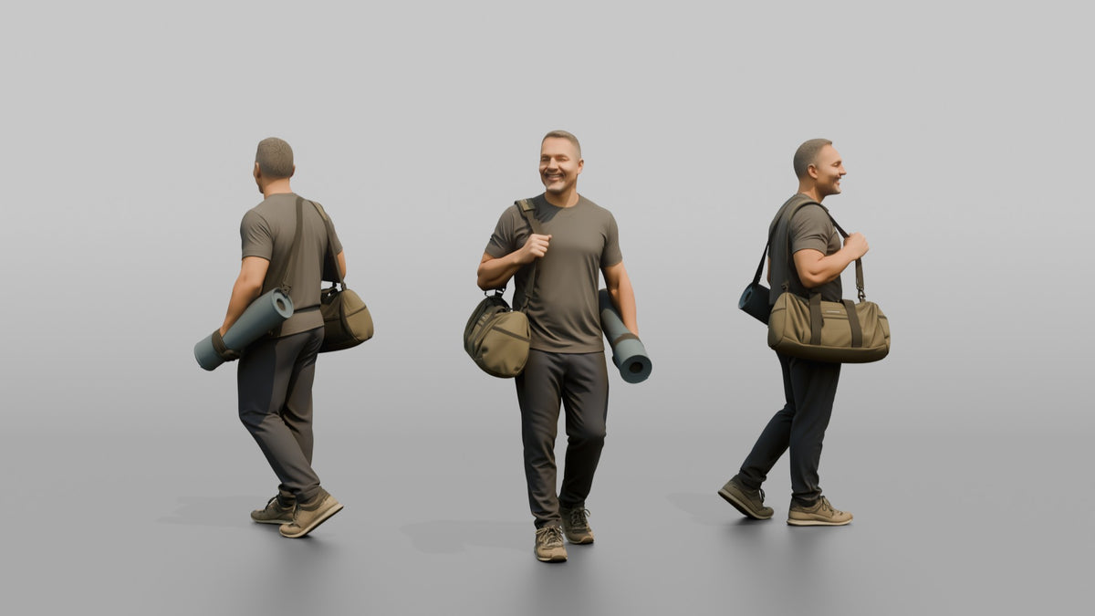 Father Carrying A Rolled-up Yoga Mat And A Gym Bag - 3D character model, view 1