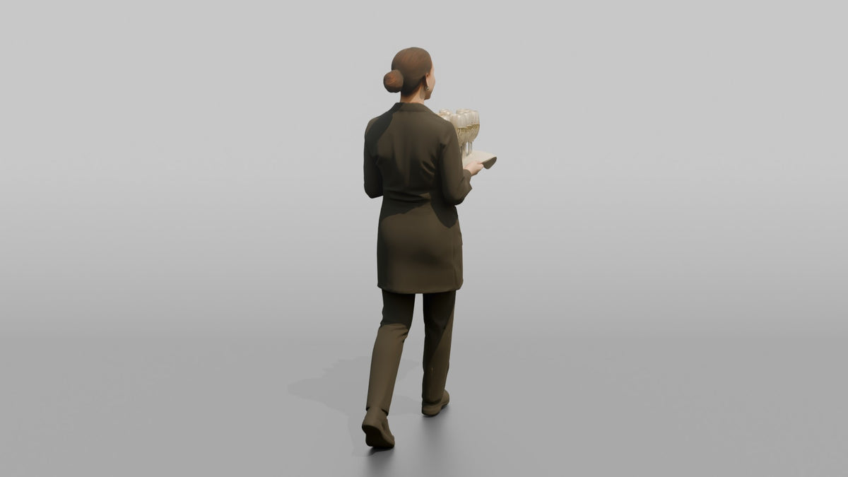 Cocktail Server Woman Balancing A Tray Of Champagne Glasses - 3D character model, view 3
