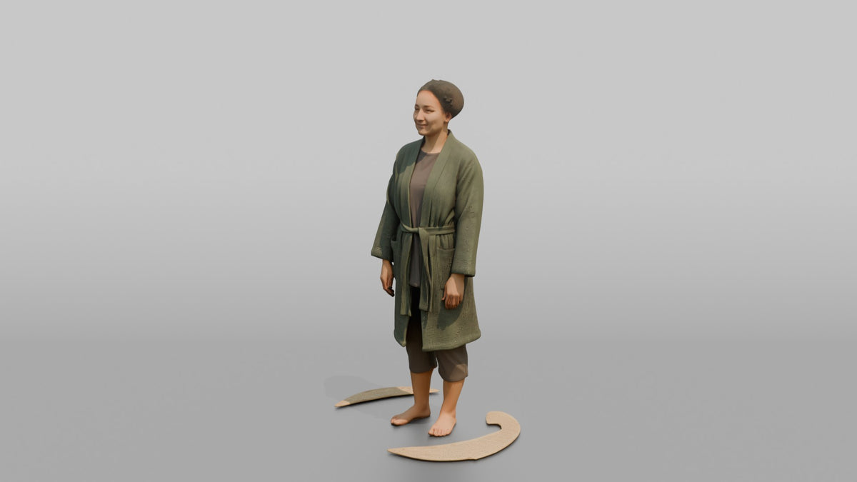 Spa Client Woman Standing Barefoot On A Mat, Arms At Sides, Calm Expression - 3D character model, view 4