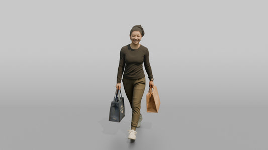 Woman Customer Walking With A Shopping Bag In Each Hand, Smiling - 3D character model