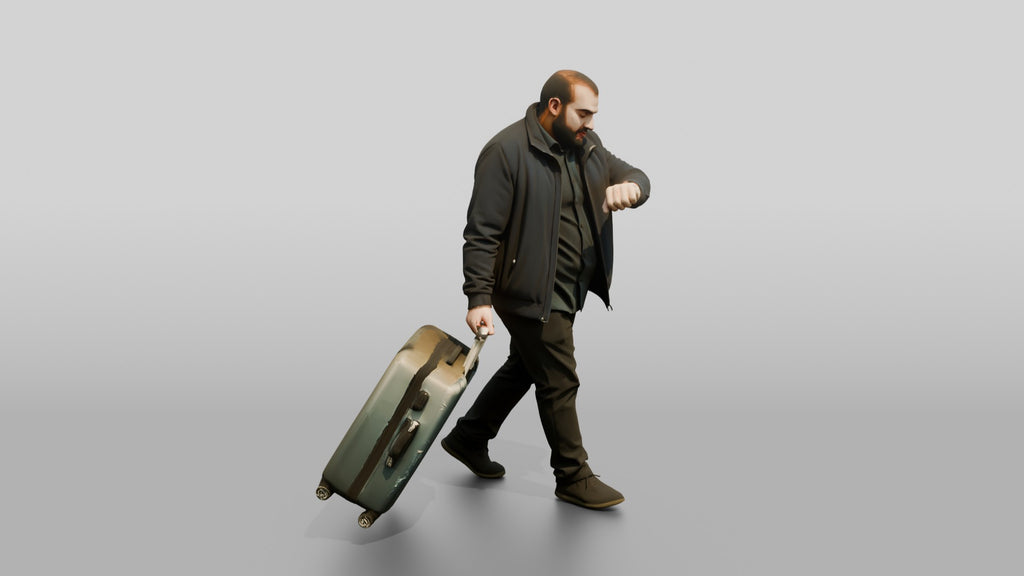Plus-Size Bearded Man Carrying Two Suitcases Checking His Watch