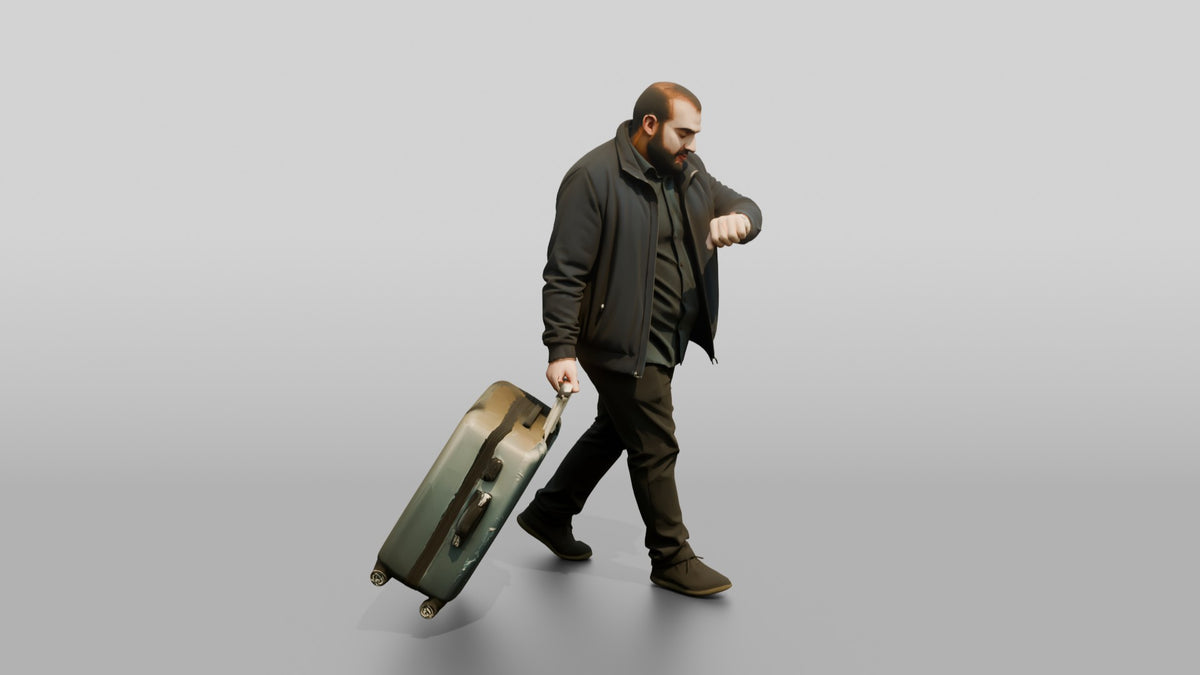 Plus-Size Bearded Man Carrying Two Suitcases Checking His Watch - 3D character model, view 2