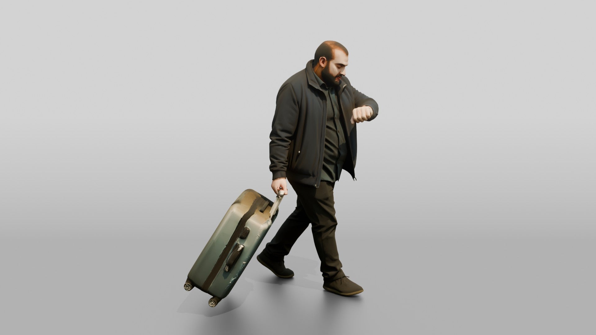 Plus-Size Bearded Man Carrying Two Suitcases Checking His Watch