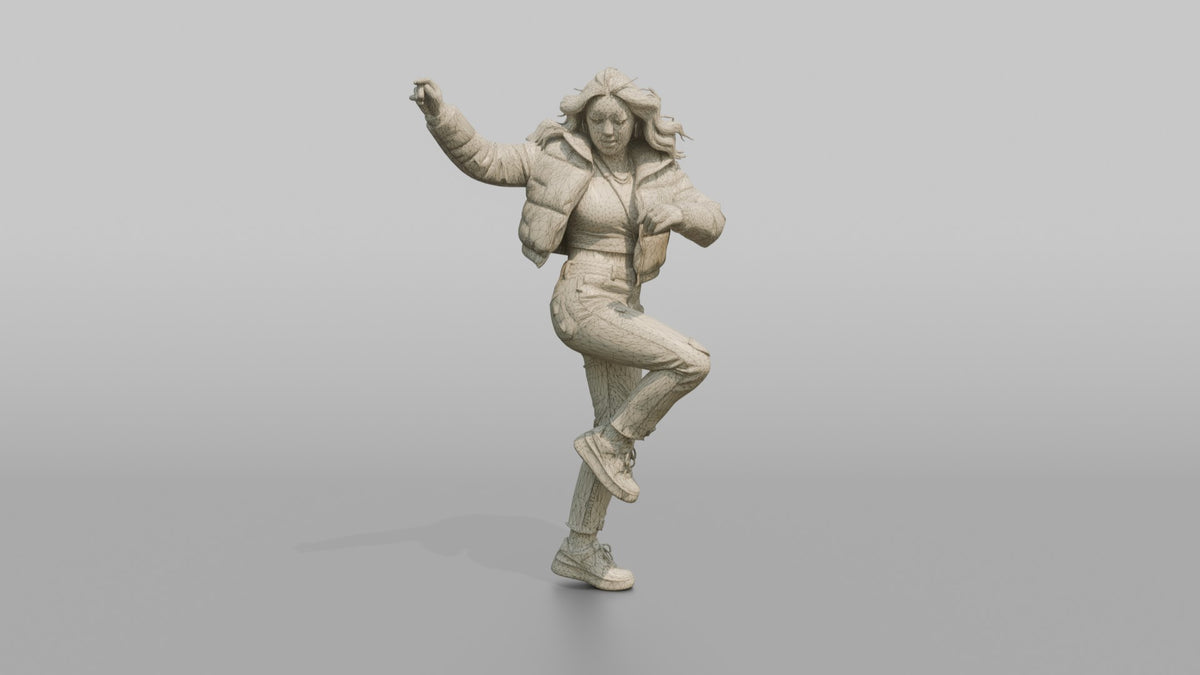 Patron Woman Wearing A Bright Cropped Puffer Jacket, Urban Dance Pose - wireframe topology preview