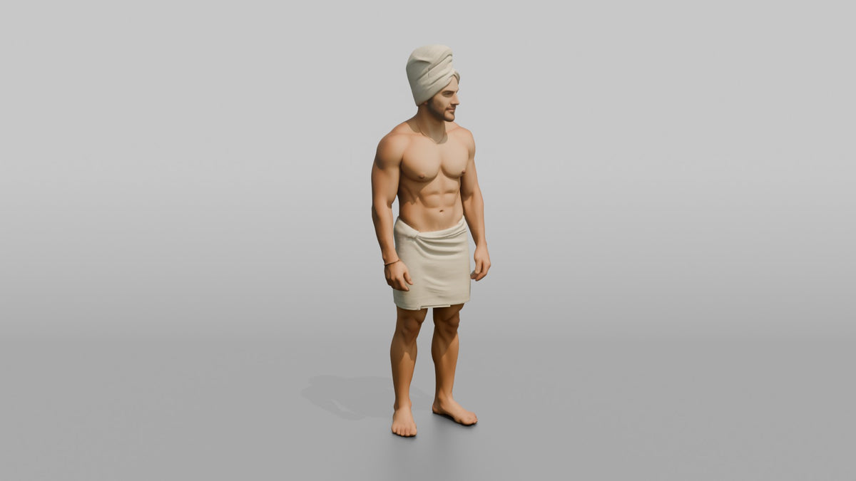 Spa Client Man Standing With A Towel Wrapped Turban-style Around The Head - 3D character model