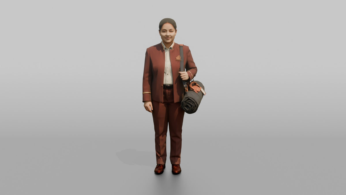 Bellhop Woman Carrying A Rolled Travel Bag Over One Shoulder - 3D character model, view 5