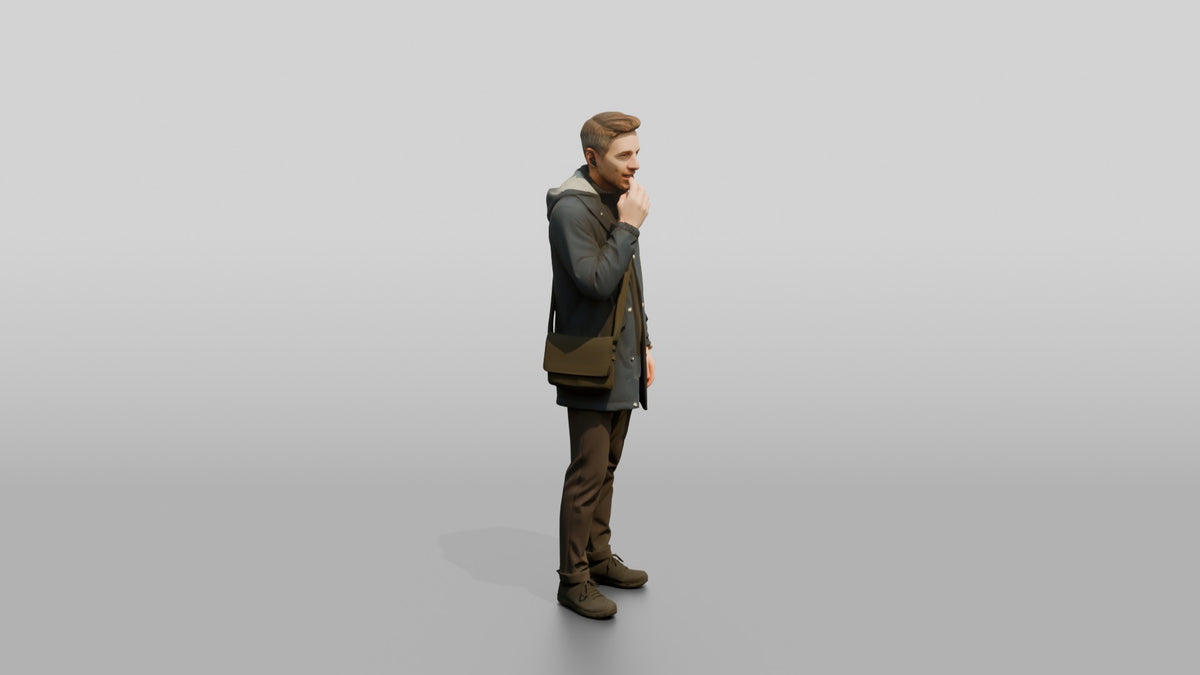 White Man in Dark Raincoat with Earbud - 3D character model, view 2