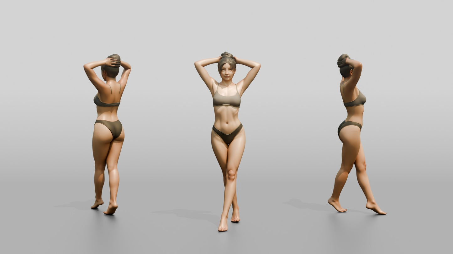 Woman in Olive Two-Piece Swimsuit Arms Raised