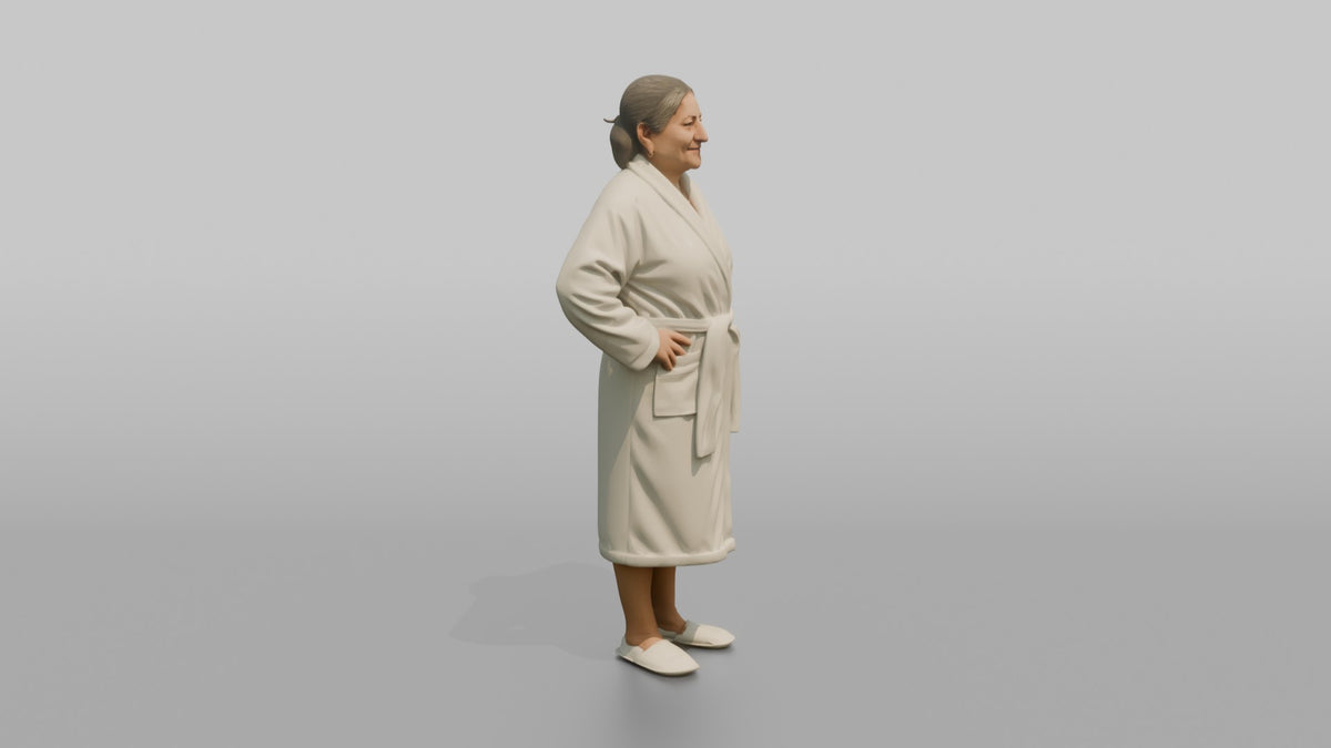 Spa Client Woman Standing Looking Relaxed, Hands Resting On Hips, Robe On - 3D character model, view 2