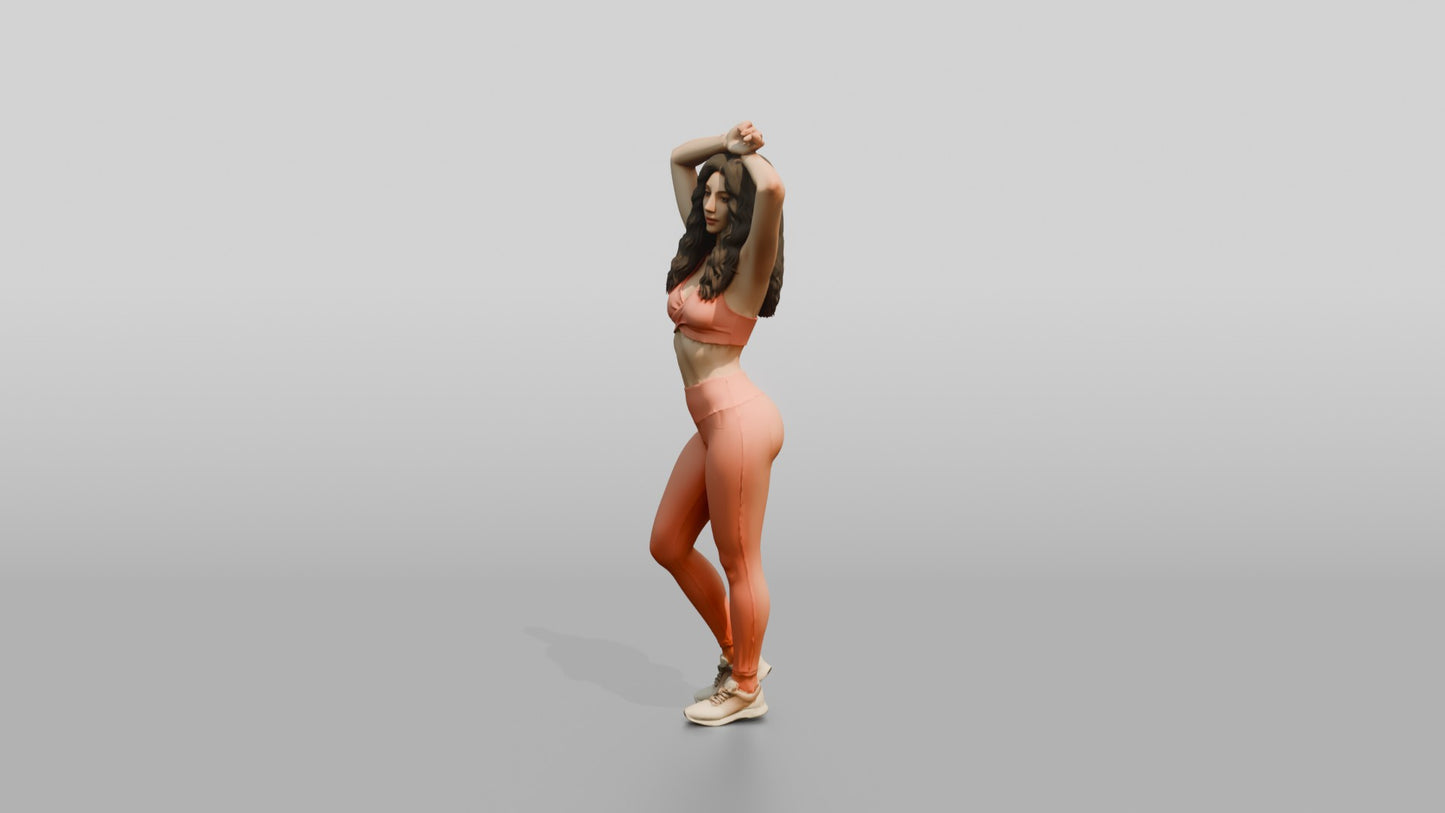 Woman in Coral Activewear Stretching Arms Overhead