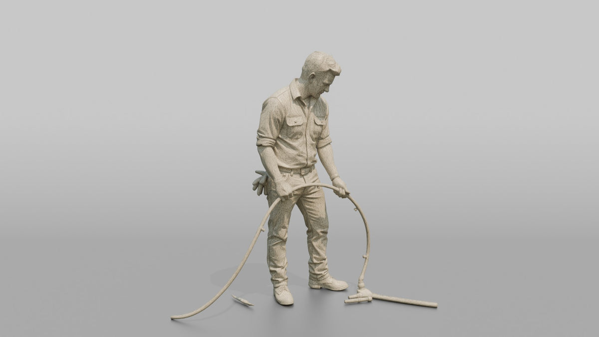 Farmer Inspecting Irrigation Drip Lines - wireframe topology preview