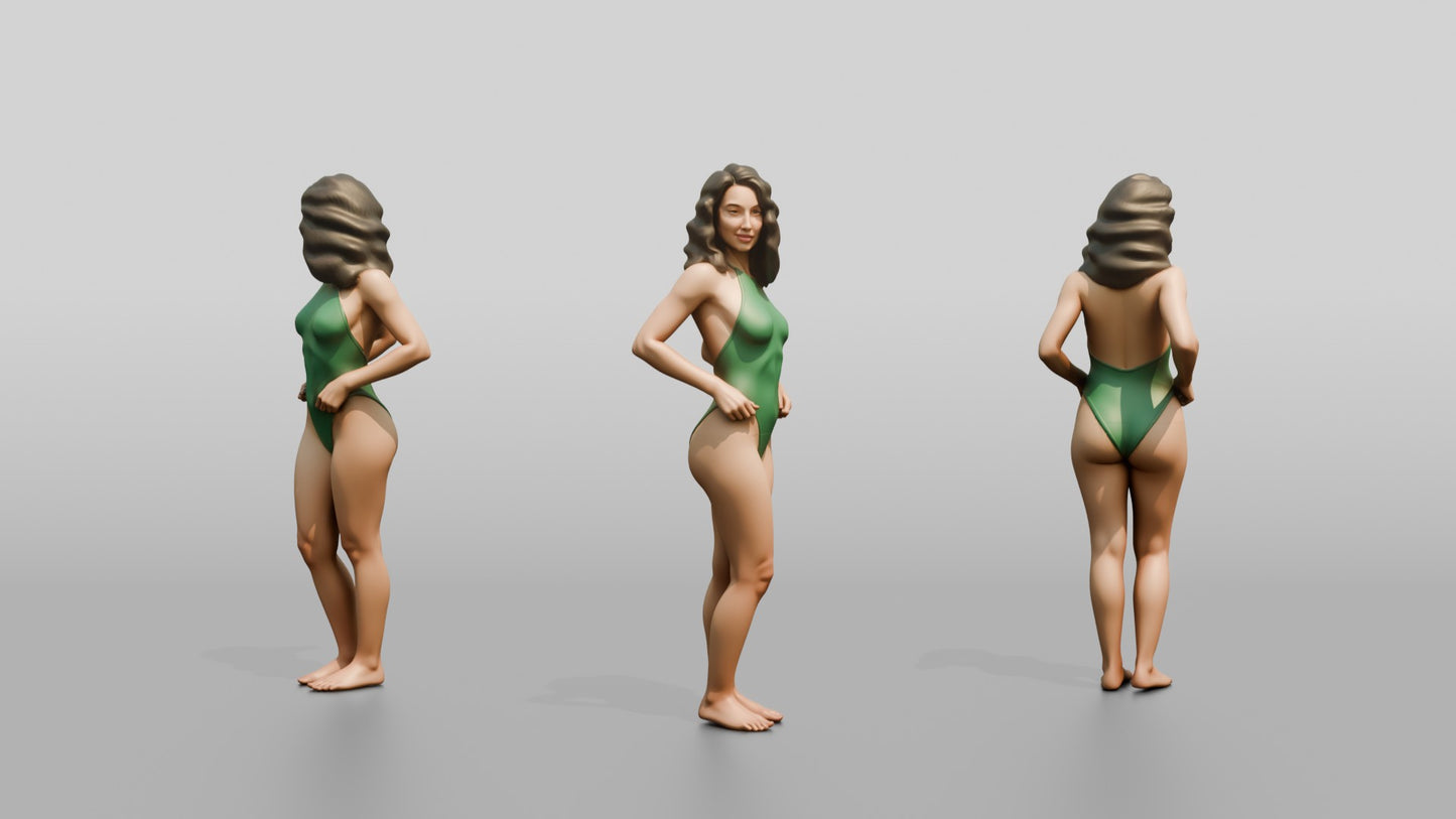 Woman in Green One-Piece Swimsuit with Hand on Hip