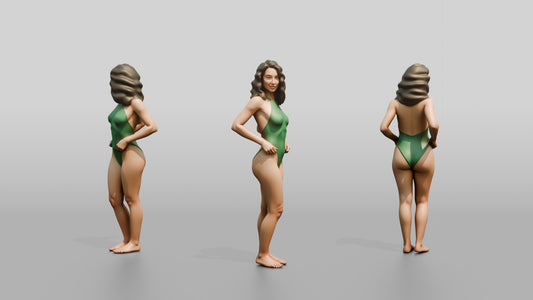 Woman in Green One-Piece Swimsuit with Hand on Hip - 3D character model