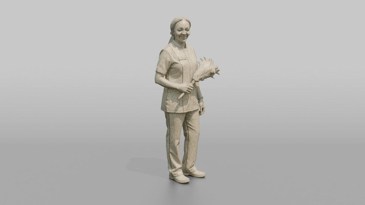 Housekeeping Staff Man Holding A Feather Duster - wireframe topology preview