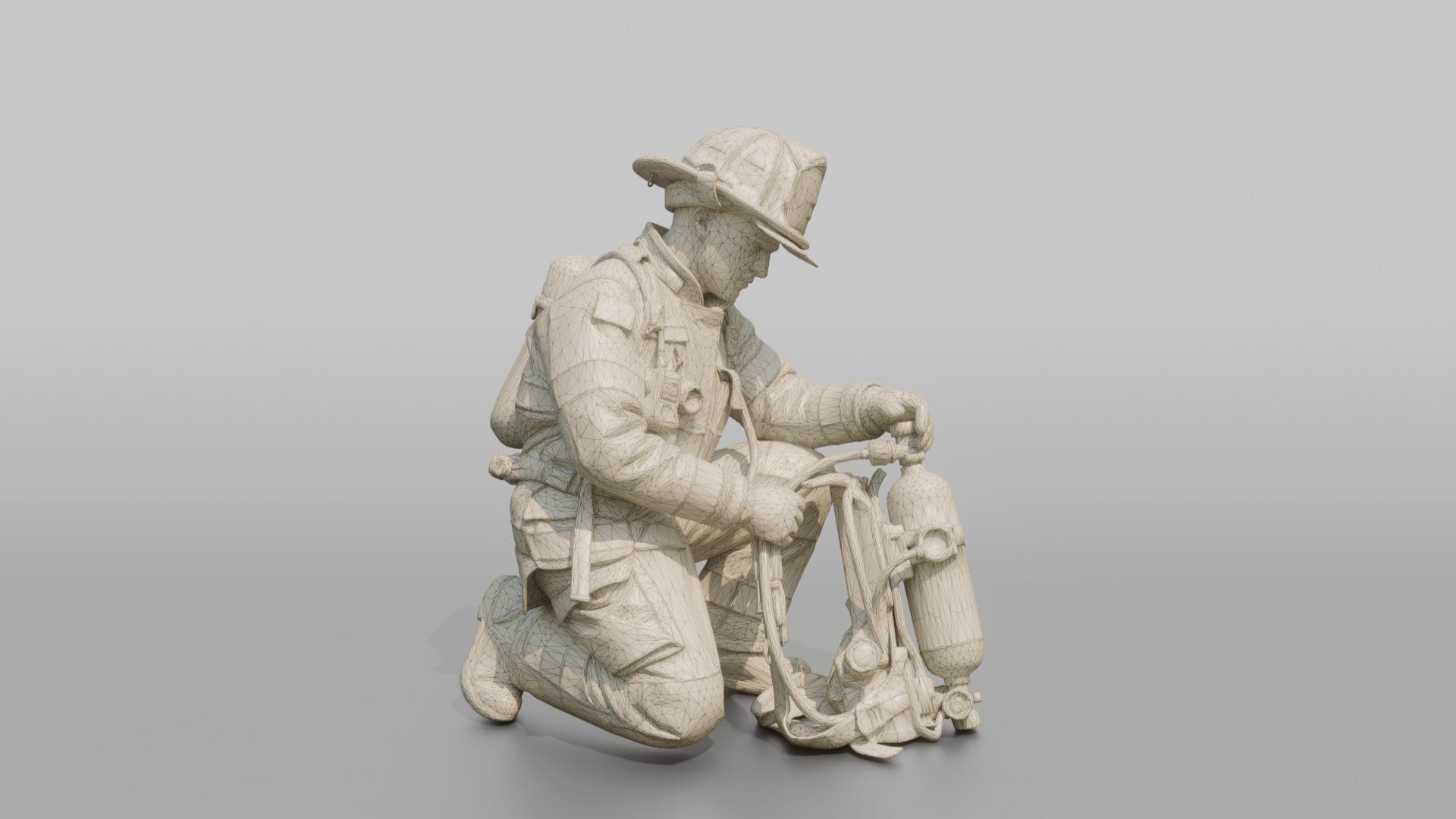 Firefighter Man Crouching While Inspecting an SCBA Valve Assembly