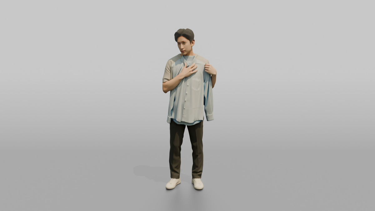 Man Customer Looking At His Reflection While Holding A Dress Shirt Against His Chest - 3D character model, view 5