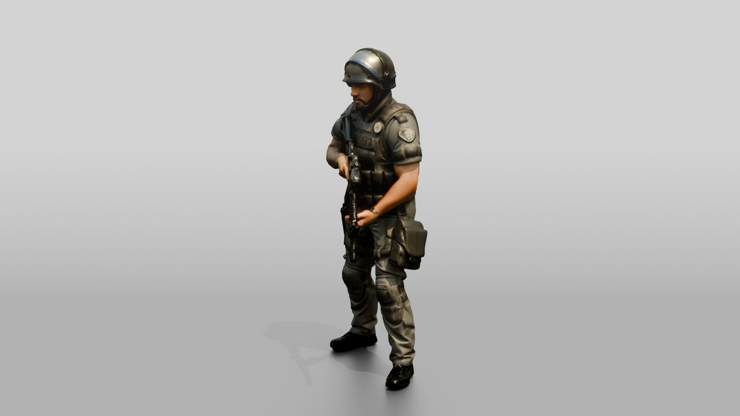 Riot Police Officer Holding Rifle