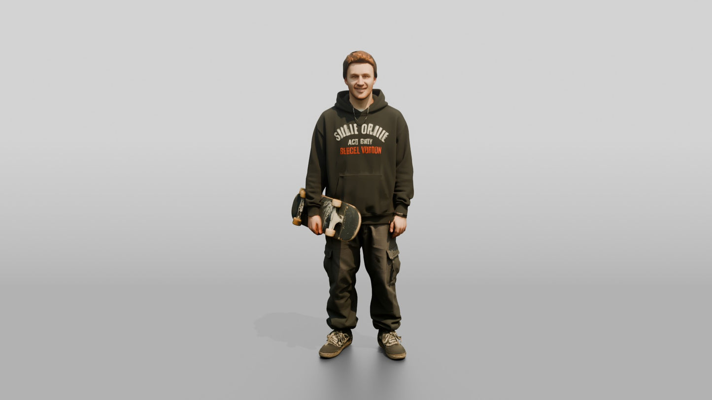 Skater Man in Graphic Hoodie with Skateboard