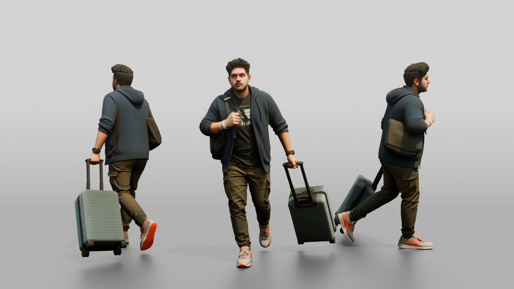 Plus-Size Man Running Through Airport Pulling Rolling Suitcase