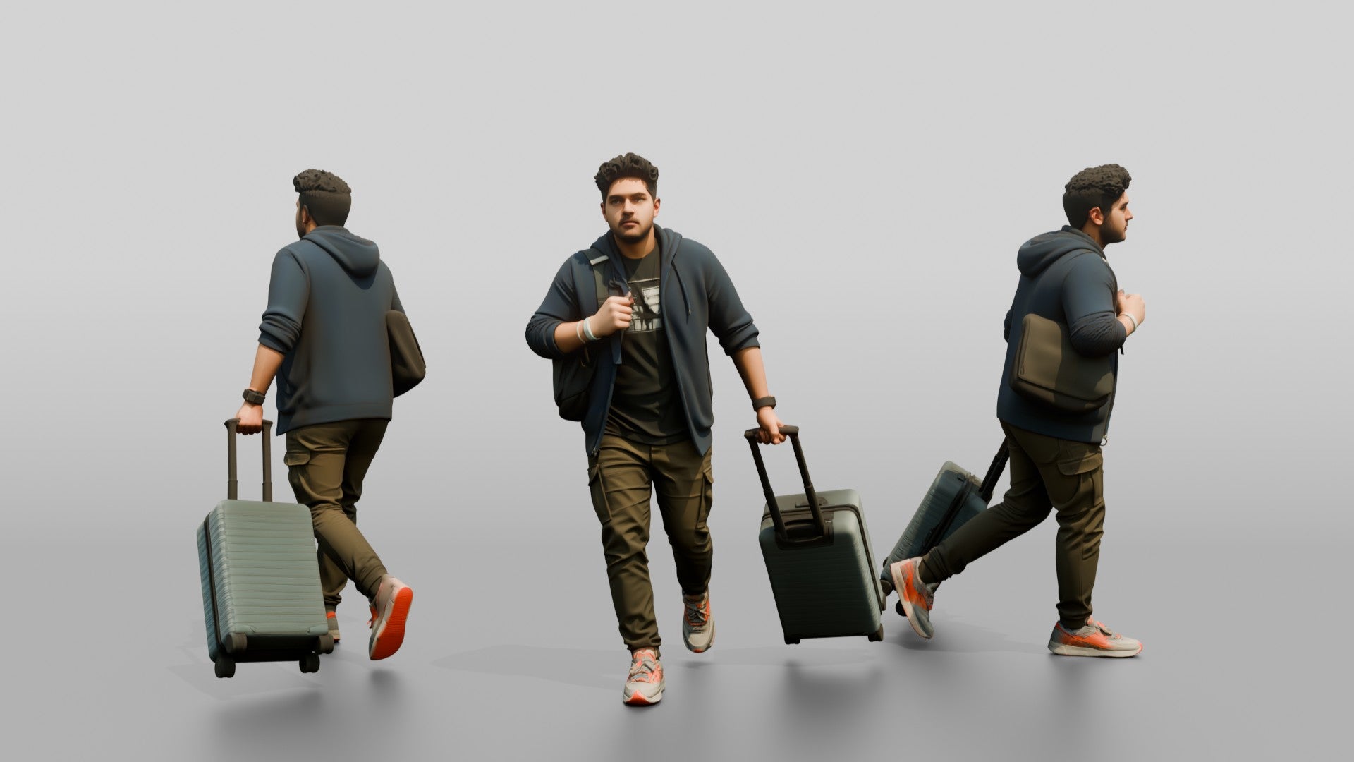 Plus-Size Man Running Through Airport Pulling Rolling Suitcase