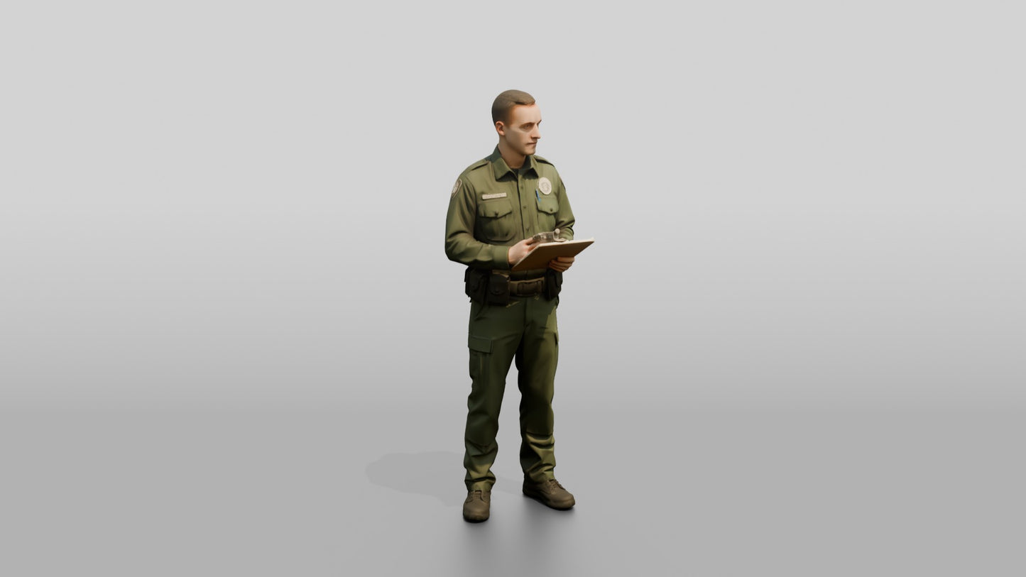 Caucasian Male Guard in a Dark Green Tactical Uniform