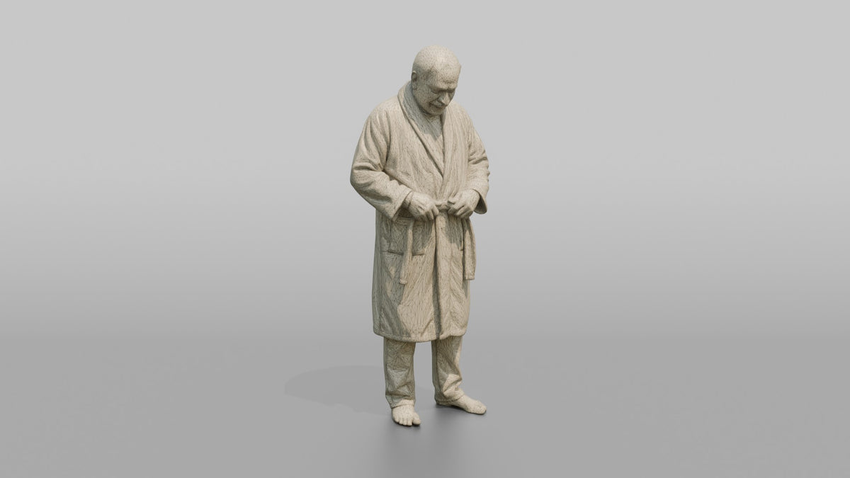 Spa Client Man Standing Adjusting A Robe Belt, Relaxed Posture - wireframe topology preview