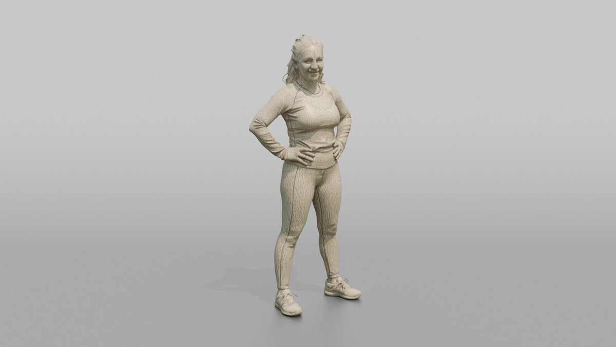 Physique Model Woman Standing With Hands On Hips, Chest Out, Confident Pose - wireframe topology preview