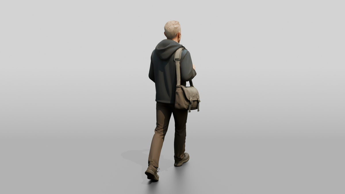 White Man Briskly Walking in Blue Rain Jacket - 3D character model, view 3