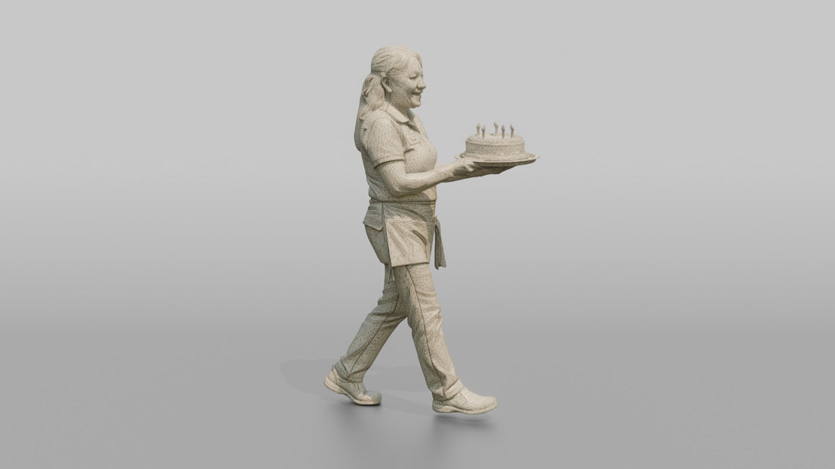 Server Woman Carrying A Tray With A Birthday Cake - wireframe topology preview