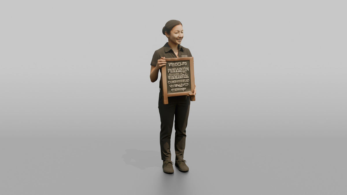 Host Woman Holding A Small Stand-up Chalkboard Menu - 3D character model