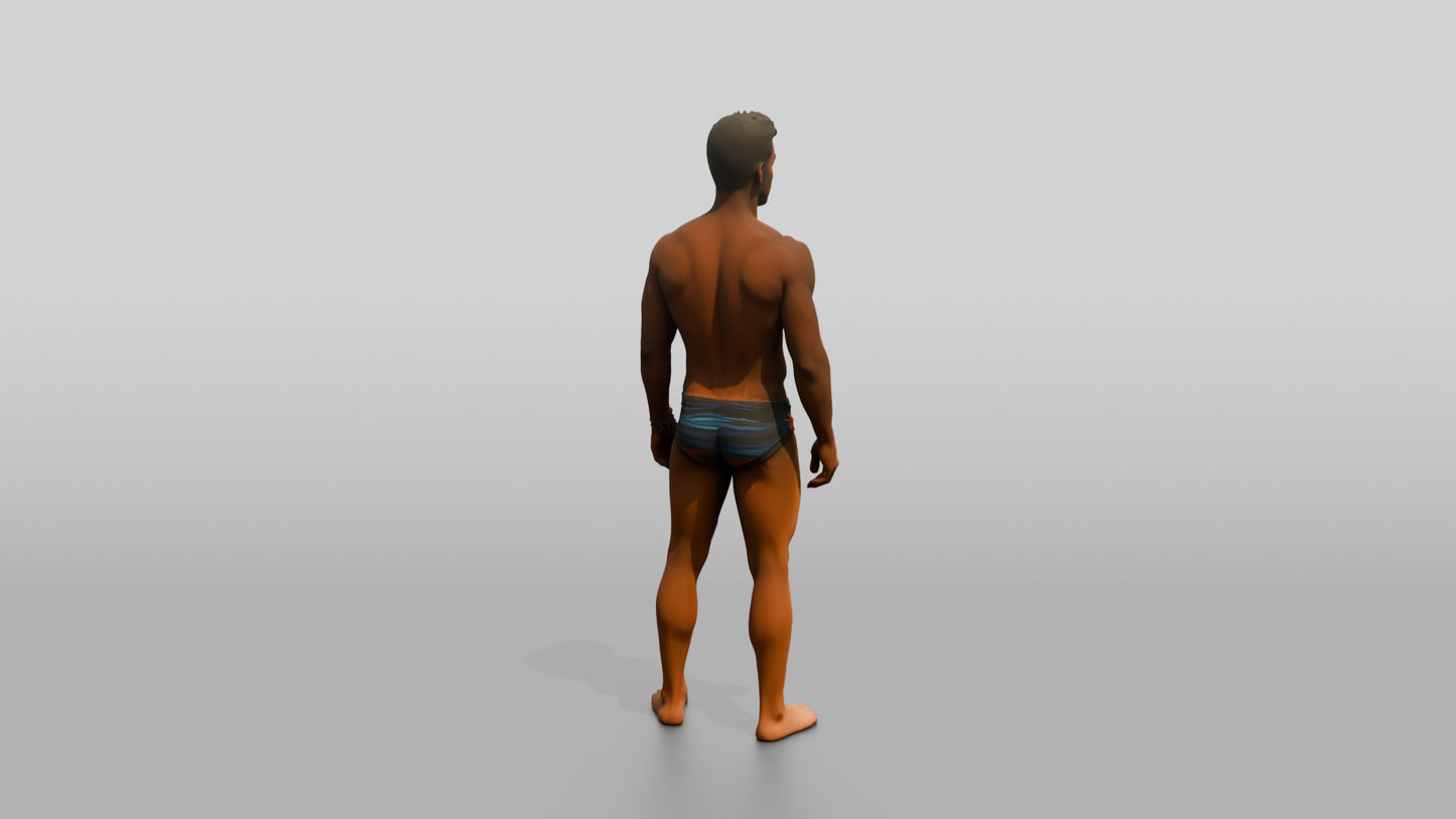 Latino Man in Multi-Colored Swim Brief Beach Pose