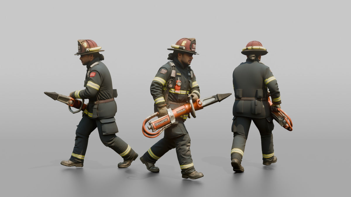Firefighter Man Carrying a Heavy Rescue Ram Tool - 3D character model