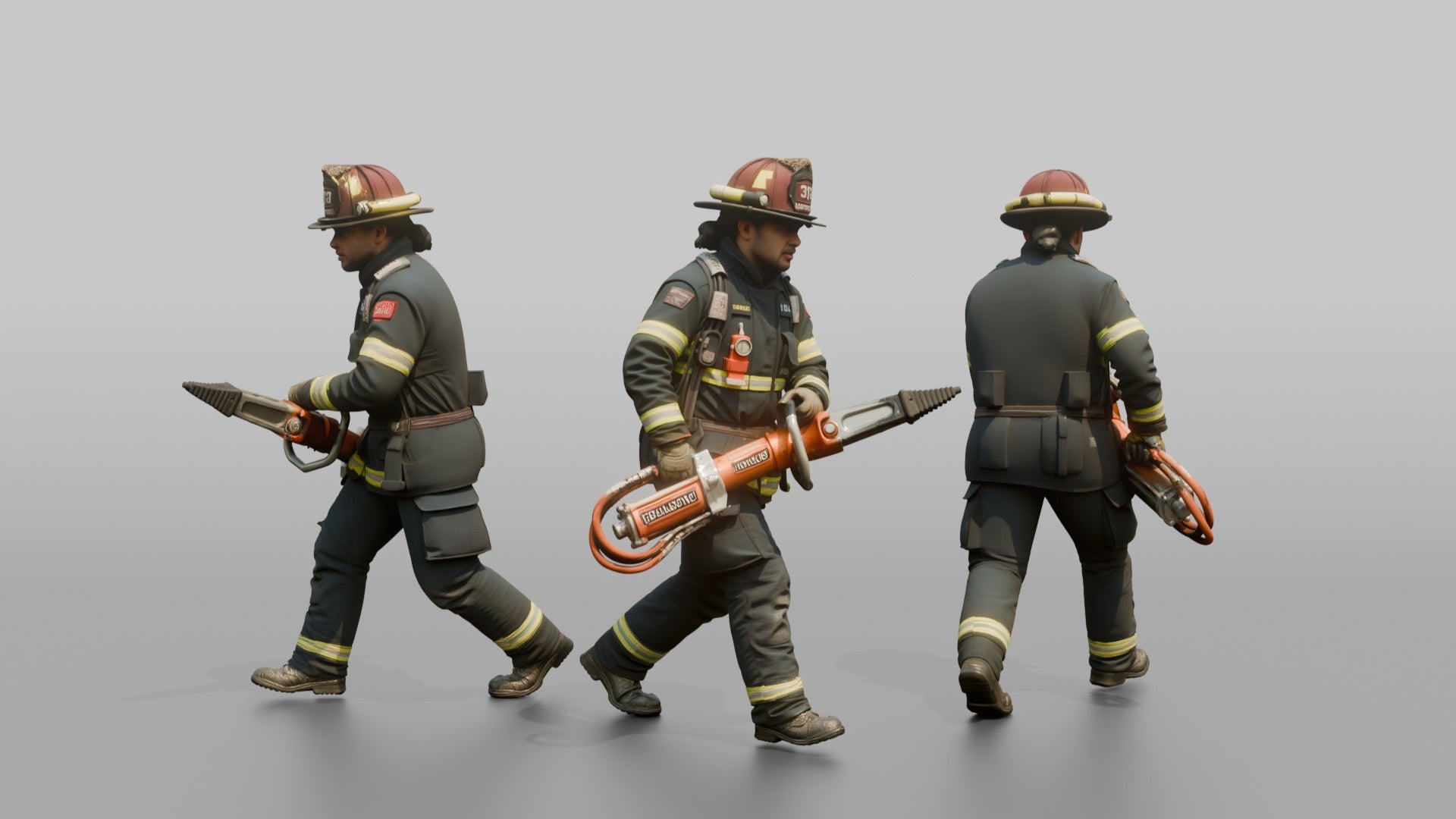 Firefighter Man Carrying a Heavy Rescue Ram Tool