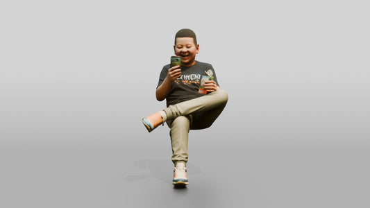 Chinese Boy Sitting with Phone and Drink - 3D character model, view 1